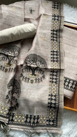 Load image into Gallery viewer, Aabroo Attire Beige & Beige Tussar Silk Unstitched Suit Set
