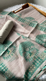 Load image into Gallery viewer, Aabroo Attire Beige & Sea Green Tussar Silk Unstitched Suit Set