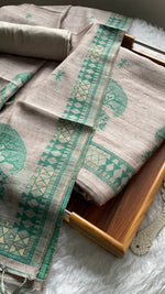 Load image into Gallery viewer, Aabroo Attire Beige & Sea Green Tussar Silk Unstitched Suit Set