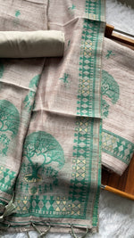 Load image into Gallery viewer, Aabroo Attire Beige & Sea Green Tussar Silk Unstitched Suit Set