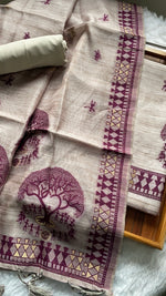 Load image into Gallery viewer, Aabroo Attire Beige & Wine Tussar Silk Unstitched Suit Set