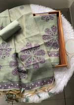 Load image into Gallery viewer, Purely Woven Sage Green Muga Cotton Unstitched Suit Set