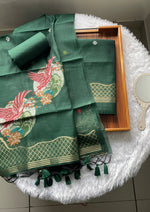 Load image into Gallery viewer, Minimal & Classy Dark Green Muga Cotton Unstitched Suit Set