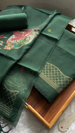 Load image into Gallery viewer, Minimal & Classy Dark Green Muga Cotton Unstitched Suit Set