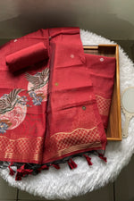 Load image into Gallery viewer, Minimal & Classy Red Muga Cotton Unstitched Suit Set