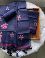 Load image into Gallery viewer, Grace Unfolded Navy Muga Cotton Unstitched Suit Set