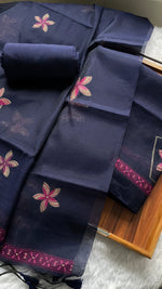 Load image into Gallery viewer, Grace Unfolded Navy Muga Cotton Unstitched Suit Set