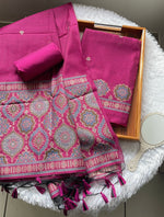 Load image into Gallery viewer, Raw & Radiant Rani Pink Ajrakh Muga Cotton Unstitched Suit Set