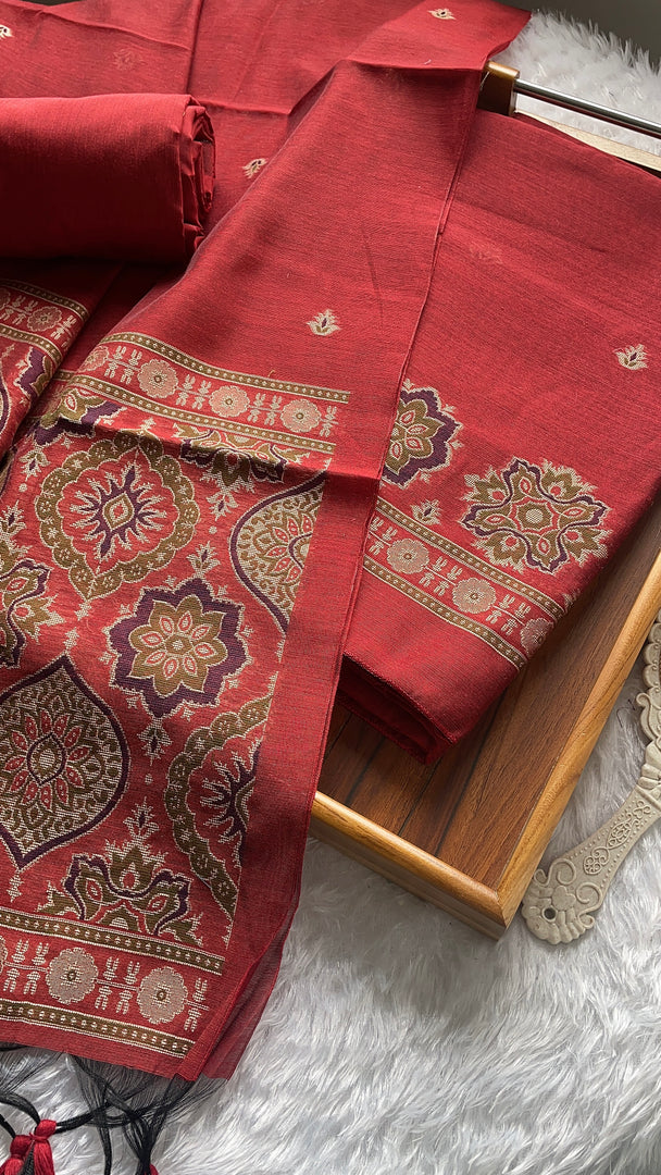 Raw & Radiant Red Ajrakh Muga Cotton Unstitched Suit Set