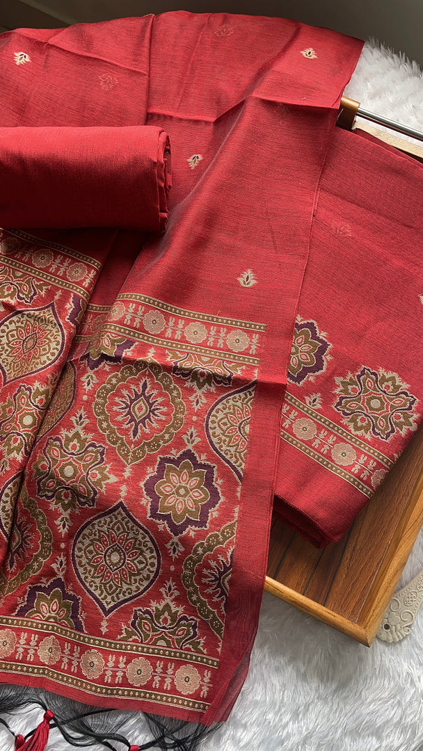 Raw & Radiant Red Ajrakh Muga Cotton Unstitched Suit Set