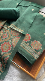 Load image into Gallery viewer, Raw & Radiant Dark Green Ajrakh Muga Cotton Unstitched Suit Set