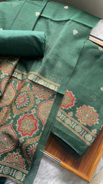 Load image into Gallery viewer, Raw & Radiant Dark Green Ajrakh Muga Cotton Unstitched Suit Set