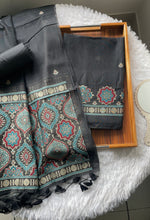 Load image into Gallery viewer, Raw & Radiant Black Ajrakh Muga Cotton Unstitched Suit Set