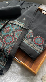 Load image into Gallery viewer, Raw & Radiant Black Ajrakh Muga Cotton Unstitched Suit Set