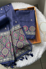 Load image into Gallery viewer, Raw & Radiant Navy Ajrakh Muga Cotton Unstitched Suit Set