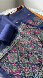 Load image into Gallery viewer, Raw & Radiant Navy Ajrakh Muga Cotton Unstitched Suit Set