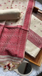 Load image into Gallery viewer, Loomed Luxury Red Jamdani Muga Cotton Unstitched Suit Set