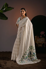 Load image into Gallery viewer, Amaya Off-White & Blue Premium Muga Cotton Saree With Unstitched Blouse Piece