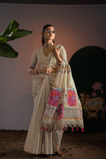 Load image into Gallery viewer, Essence Beige & Pink Viscose Cotton Saree With Unstitched Blouse Piece