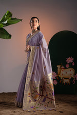 Load image into Gallery viewer, Kalakruti Lavender Paithani Muga Cotton Saree With Unstitched Blouse Piece