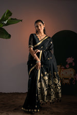 Load image into Gallery viewer, Rucha Black Muga Cotton Saree With Unstitched Blouse Piece