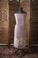 Load image into Gallery viewer, Elysian Weaves Lavender Jamdani Muga Cotton Unstitched Suit Set