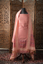 Load image into Gallery viewer, Threads & Tales Pink Jamdani Muga Cotton Unstitched Suit Set