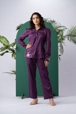 Load image into Gallery viewer, Purple Bloom Cotton Satin Co-ord Set