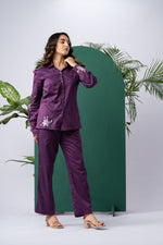 Load image into Gallery viewer, Purple Bloom Cotton Satin Co-ord Set