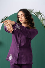 Load image into Gallery viewer, Purple Bloom Cotton Satin Co-ord Set