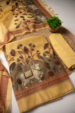 Load image into Gallery viewer, Celestial Cotton Yellow Jamdani Muga Cotton Unstitched Suit Set