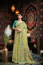 Load image into Gallery viewer, Daisy Green Muslin Cotton Jamdani Saree With Contrast Blouse