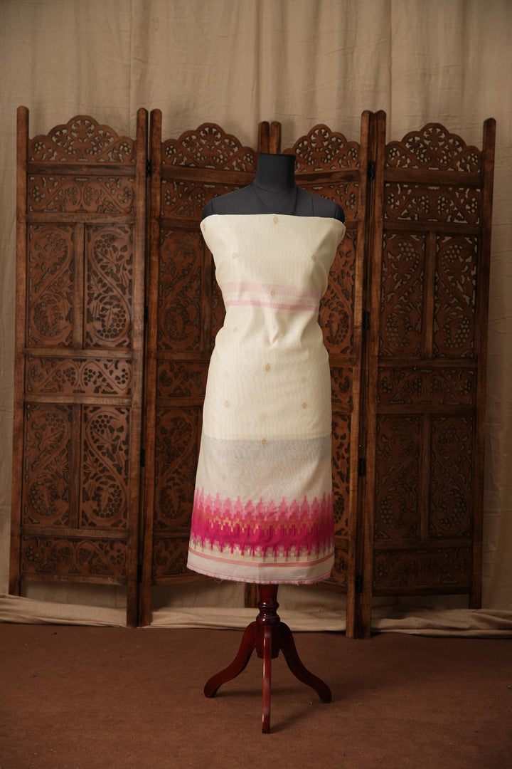 Everyday Elegance White & Pink Muga Cotton Unstitched Suit Set