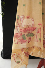 Load image into Gallery viewer, Contemporary Florals Beige Muga Cotton Pichwai Jamdani Unstitched Suit Set