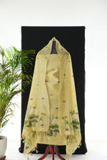 Load image into Gallery viewer, Contemporary Florals Green Muga Cotton Pichwai Jamdani Unstitched Suit Set