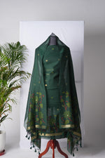 Load image into Gallery viewer, Dream Weaver Bottle Green Muga Cotton Jamdani Unstitched Suit Set