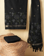 Load image into Gallery viewer, Dewy Bloom Black Muga Cotton Jamdani Unstitched Suit Set