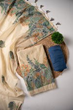 Load image into Gallery viewer, Ethnic Ethos Beige & Navy Cotton Unstitched Suit Set