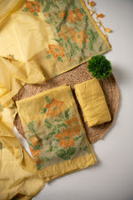 Load image into Gallery viewer, Trendy Tales Yellow Cotton Unstitched Suit Set