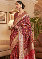 Load image into Gallery viewer, Kalista Earth Red Woven Jamewar Kashmiri Banarasi Saree