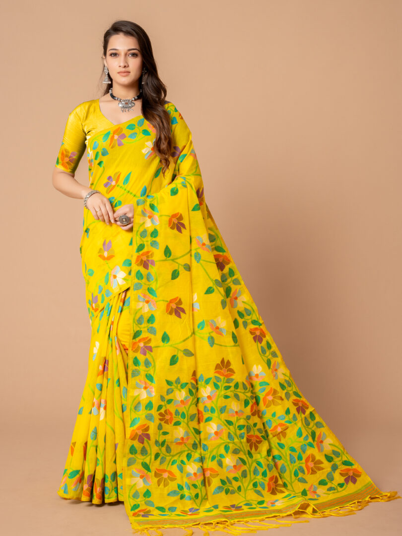 Karvaah Blissful Yellow Cotton Jamdani Saree