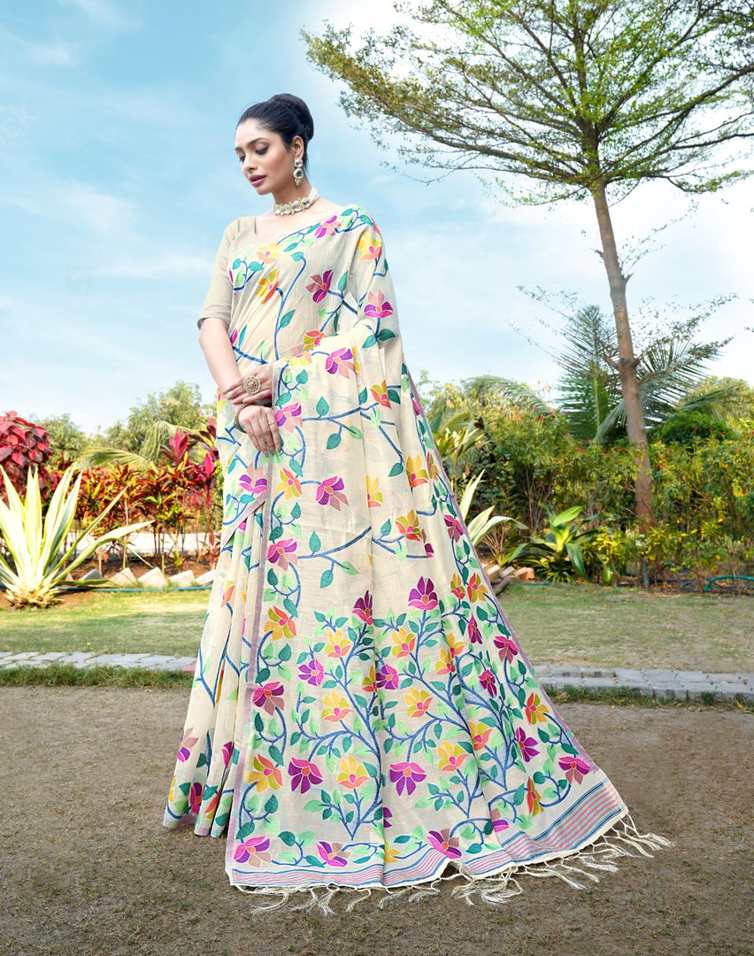 Karvaah Off-White Soft Cotton Jamdani Saree