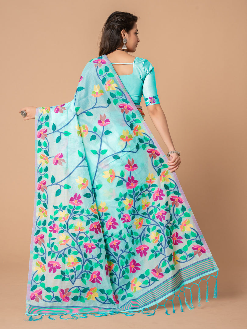 Karvaah Sky Blue Cotton Jamdani Saree