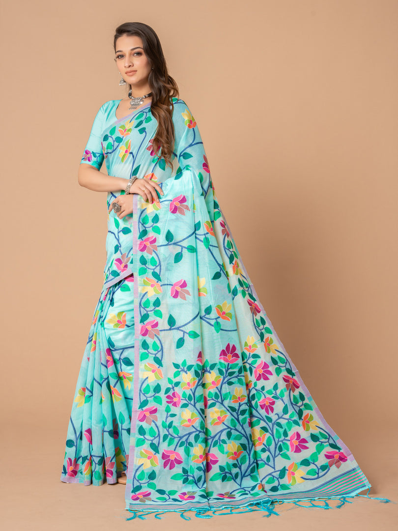 Karvaah Sky Blue Cotton Jamdani Saree
