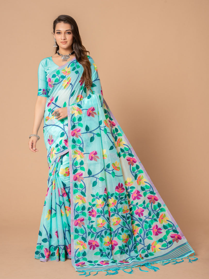 Karvaah Sky Blue Cotton Jamdani Saree