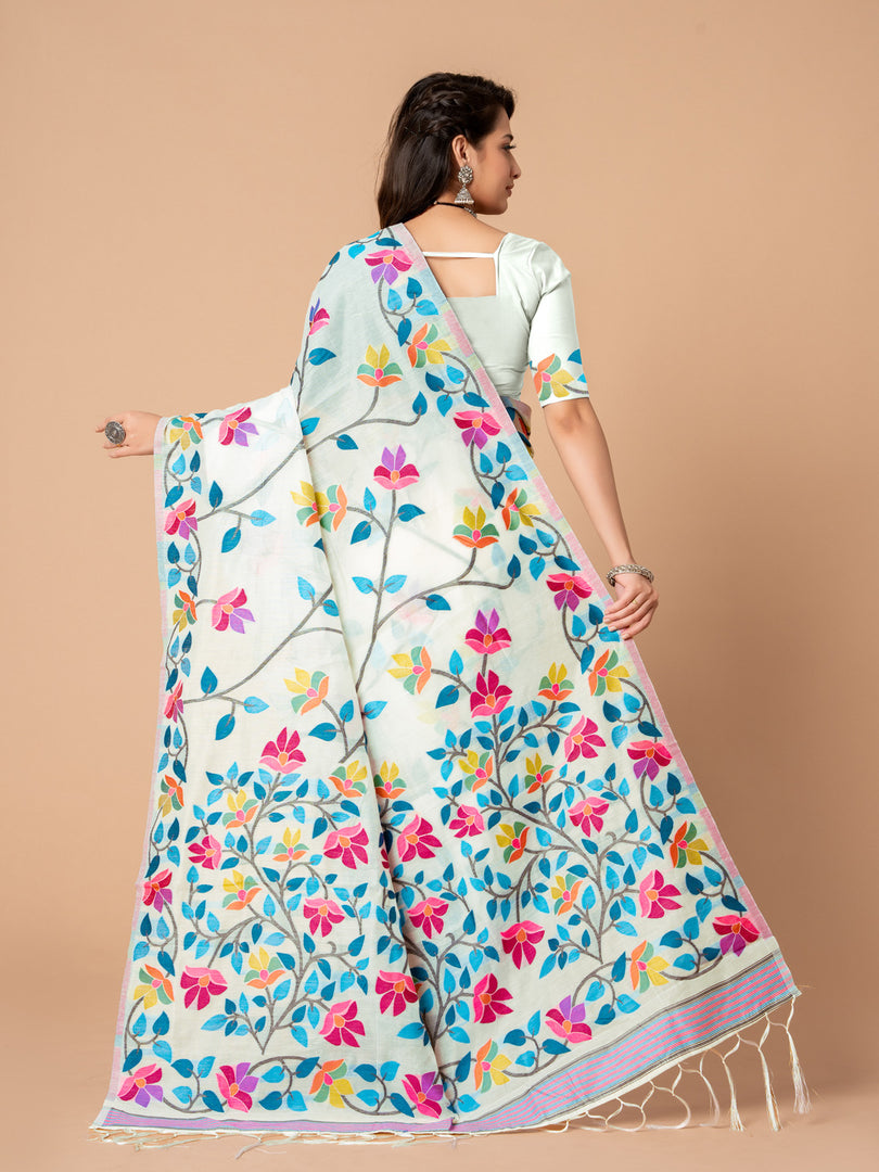 Karvaah White Cotton Jamdani Saree