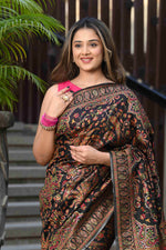 Load image into Gallery viewer, Kashida Bitter Black Jamewar Kashmiri Soft Modal Silk Saree