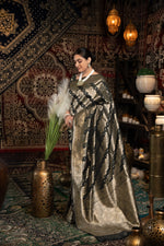 Load image into Gallery viewer, Kavya Silk Black Banarasi Silk Woven Saree