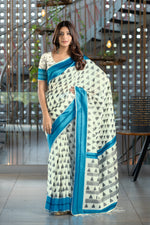 Load image into Gallery viewer, Kimaya Cyan Blue Soft Cotton Block Woven Design Saree