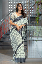 Load image into Gallery viewer, Kimaya Dolphin Grey Soft Cotton Block Woven Design Saree